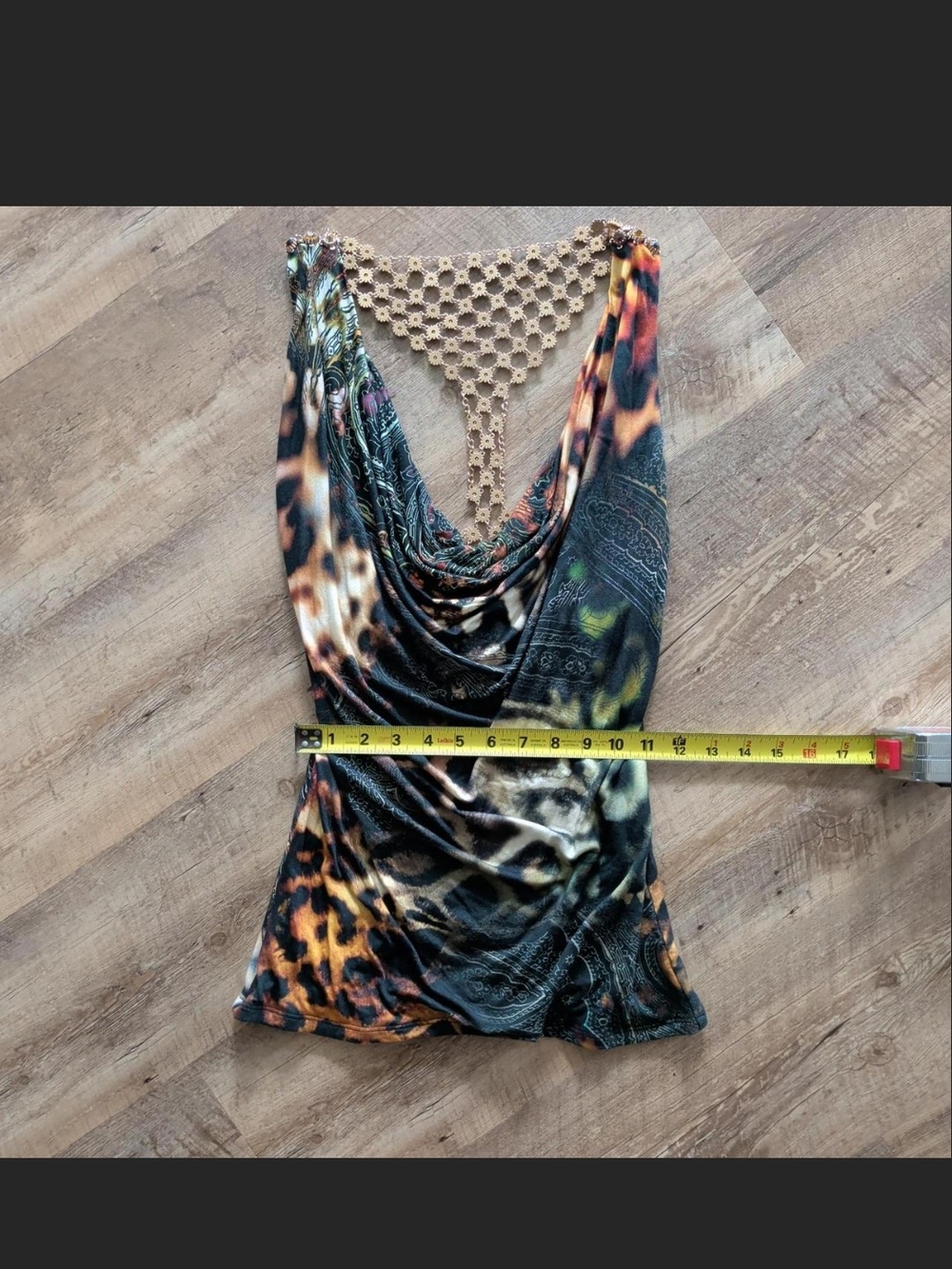Sky Y2K Leopard Print Cowl Neck Tank with Metal Jewel Back Detail